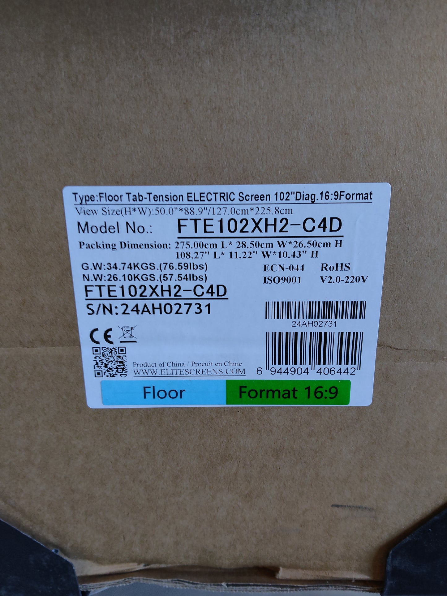 Used - Like a new// KESTREL TAB-TENSION FLOOR-UP With Cinegrey 4D Screens / CineGrey 4D (ALR) / White / 102" ( 16:9 / 226x127 cm) // B-FTE102XH2-C4D--24AH02731/ Condition Original box missing.